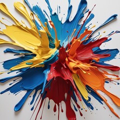 "Vibrant abstract paint splash explosion on a white background. Thick, textured strokes of colorful acrylic paint in shades of blue, yellow, red, and orange, creating a dynamic and artistic compositio