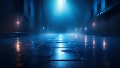 Dark street, wet asphalt, reflections of rays in the water. Abstract dark blue background, smoke, smog. Empty dark scene, neon light, spotlights. Concrete floor