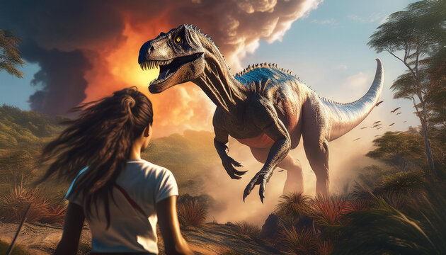 Un dinosaure carnivore, dans un paysage jurassique avec une &eacute;ruption explosive en arri&egrave;re plan