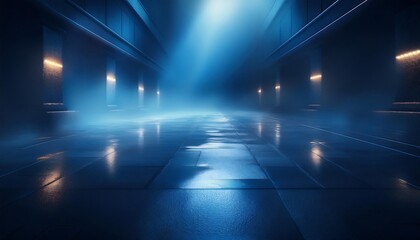 Dark street, wet asphalt, reflections of rays in the water. Abstract dark blue background, smoke, smog. Empty dark scene, neon light, spotlights. Concrete floor