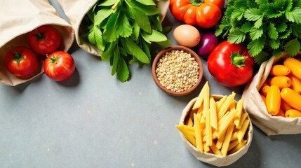 A Bountiful Harvest Fresh Vegetables, Legumes, and Pasta in Reusable Bags on a Neutral Surface