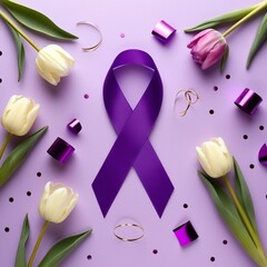 "Purple awareness ribbon with fresh tulips and delicate flowers on a pastel lavender background. Scattered confetti elements add a celebratory touch. Symbolizing hope, support, and awareness for cause