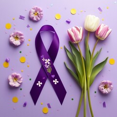 "Purple awareness ribbon with fresh tulips and delicate flowers on a pastel lavender background. Scattered confetti elements add a celebratory touch. Symbolizing hope, support, and awareness for cause
