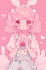 Cute Girl in Pastel Overalls Sipping Bubble Tea with Bunny Ears Headband on Soft Pink Background