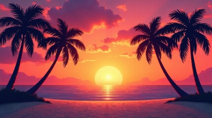 Serene Sunset Vista Tropical Palms Frame a Vibrant Ocean Scene at Dusk