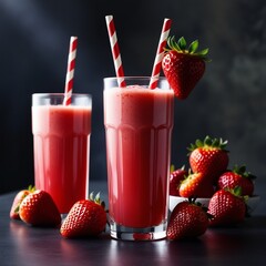 "Refreshing strawberry juice in a tall glass with a red-and-white striped straw, garnished with a fresh strawberry. Surrounded by ripe strawberries on a dark moody background with soft lighting. Perfe