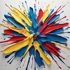 "Vibrant abstract paint splash explosion on a white background. Thick, textured strokes of colorful acrylic paint in shades of blue, yellow, red, and orange, creating a dynamic and artistic compositio