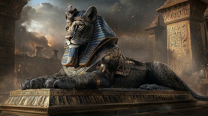 Majestic lion statue adorned in ancient Egyptian regalia exudes power and mystery in a mystical setting.