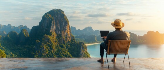 Man in straw hat sitting on a chair facing the ocean with a calm blue sky in the background