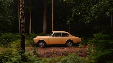 Abandoned classic car overgrown by lush green foliage and moss in a dense tranquil forest landscape evoking a sense of nostalgia and
