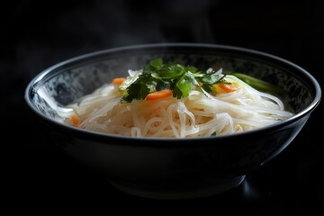 Steaming bowl of asian noodle soup garnished with fresh cilantro