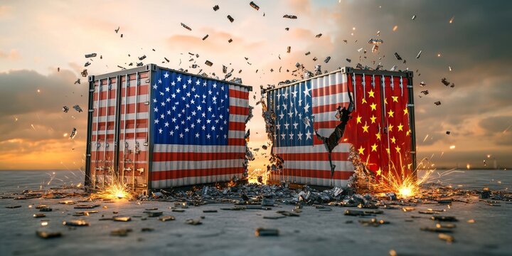 Intercontinental cargo containers breaking apart symbolizing trade war between usa and china