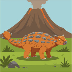 Cute Ankylosaurus Dinosaur Near Volcano Cartoon Illustration