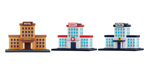 Five star hotel building and hospital building and police station building icon set 3d render