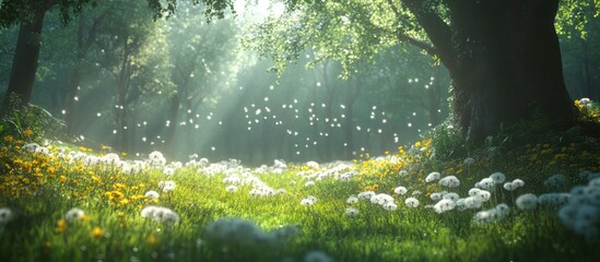 Dandelion Seeds Drifting, Sunlit Forest Meadow