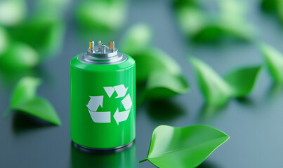 Green battery symbolizing recycling and sustainable energy surrounded by green leaves.