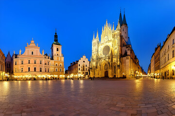 Fototapeta premium Night Cityscape: Illuminated Cathedral and Town Square