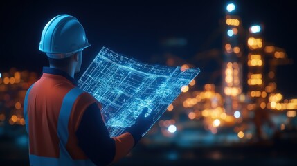 Engineer reviewing digital blueprint at night, refinery background