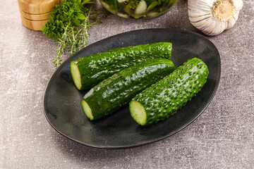 Homemade lighty salted cucumbers with herbs