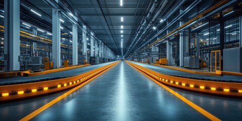 Fototapeta premium Futuristic Automated Warehouse: Conveyor System in a Modern Factory