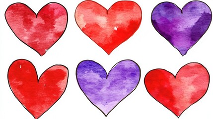 Obraz premium Set Of Watercolor Hearts In Red And PurpleWith Various Shades Of Red And Purple Colors With Soft