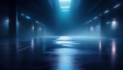 Dark street, wet asphalt, reflections of rays in the water. Abstract dark blue background, smoke, smog. Empty dark scene, neon light, spotlights. Concrete floor