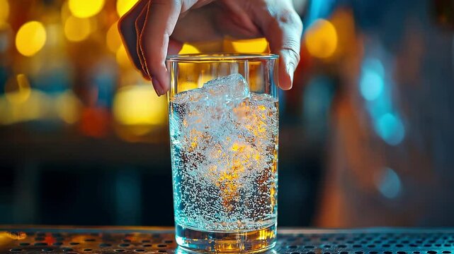 A close-up of a bartender's hand putting fresh soda gas into a glass of drink for a customer's first impression, greeting, and guessing service at a luxury pub's beverage bar counter