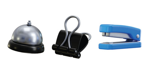 Office tolls icon 3d render concept of office supplies reception bell with Binder clip and Stapler icon vector illustration