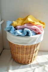 Soft pastel-colored fleece blankets neatly folded and stored in a light brown wicker basket with a soft white liner