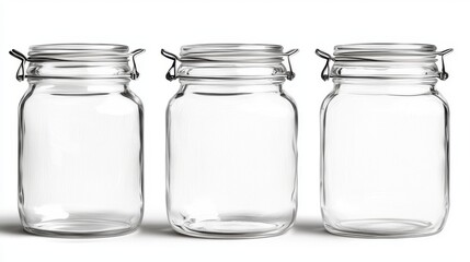 Three Empty Glass Mason Jars with Metal Clips Against a White Background