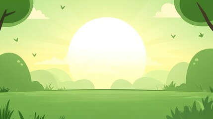 Obraz premium Sunrise over green park, birds flying, hills background, nature scene