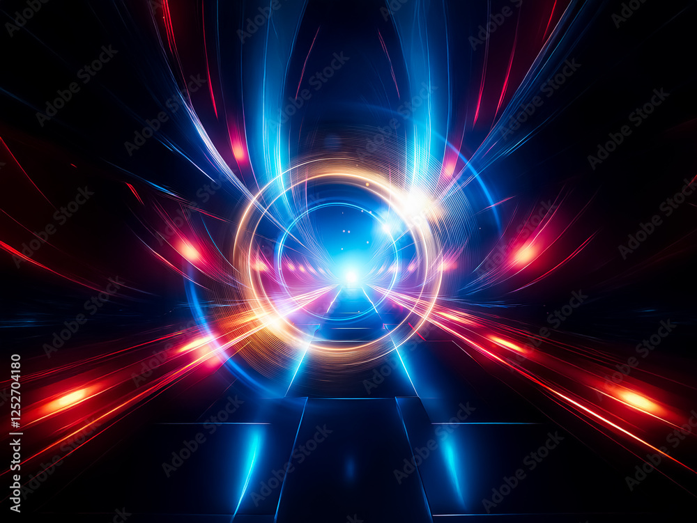 Poster intense blue and gold light swirl in concentric circles against a black background, creating a mesme