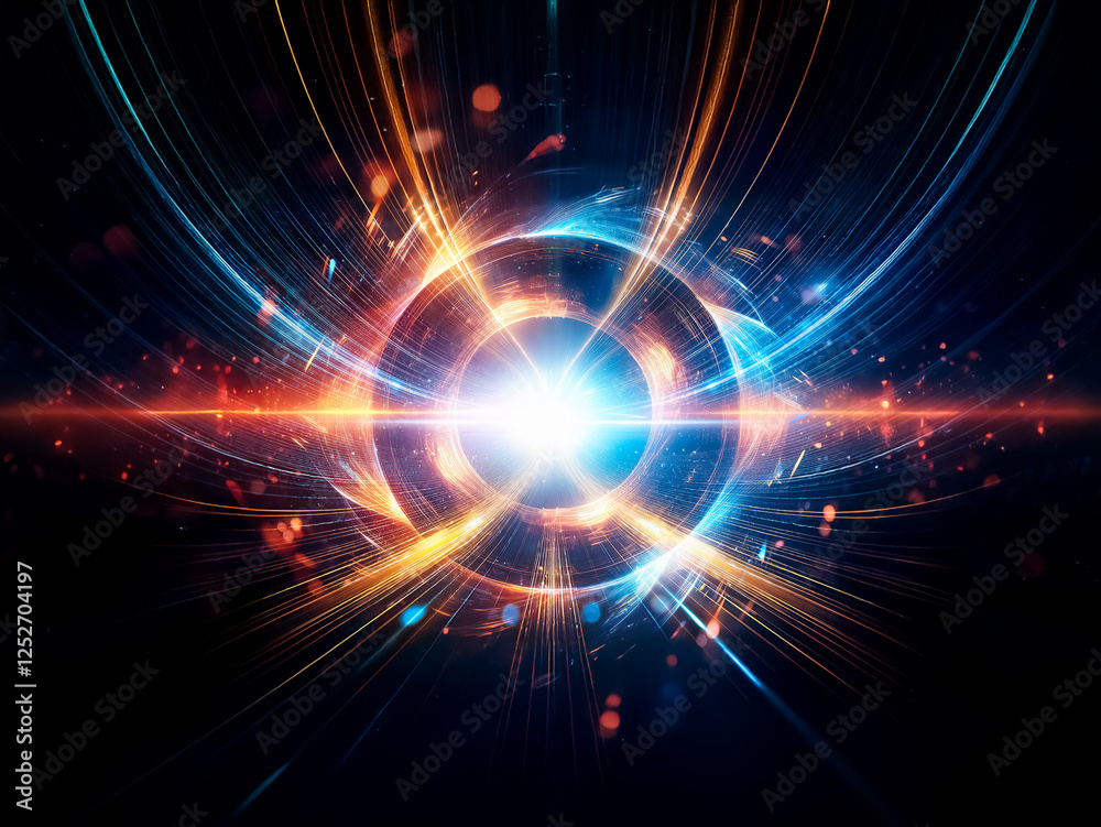 Poster abstract image of bright orb of light in center, radiating blue and orange energy lines and rings on