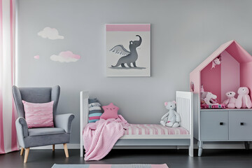 Child's Room Illustration, Pink and Grey