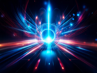 Fototapeta premium Glowing blue ring encircled by radiating light streaks on a dark reflective surface. The scene evokes a sense of futuristic technology and speed.