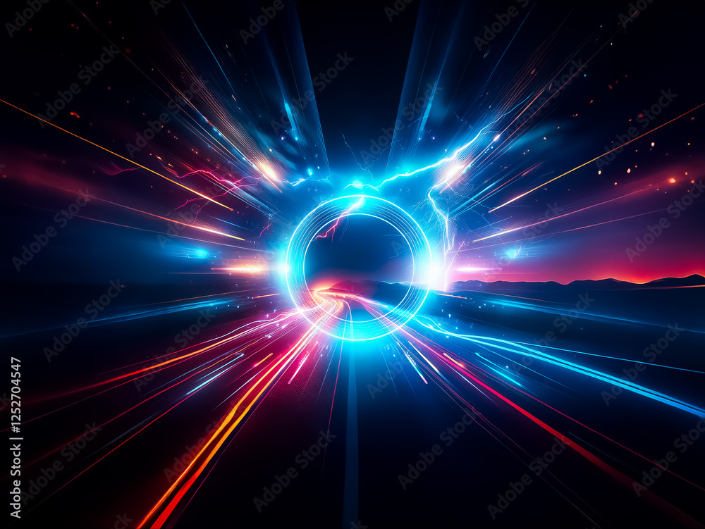 Aufkleber a vibrant, glowing ring of light at the center, surrounded by dynamic streaks of color radiating out