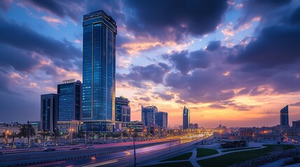 Buildings in a city during the blue hour, Architectural development