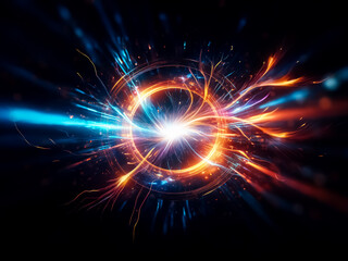 Obraz premium A vibrant, swirling energy ring, glowing orange and blue, emits intense light streaks against a dark background, suggesting a portal or wormhole through space. The image evokes feelings of speed, pow