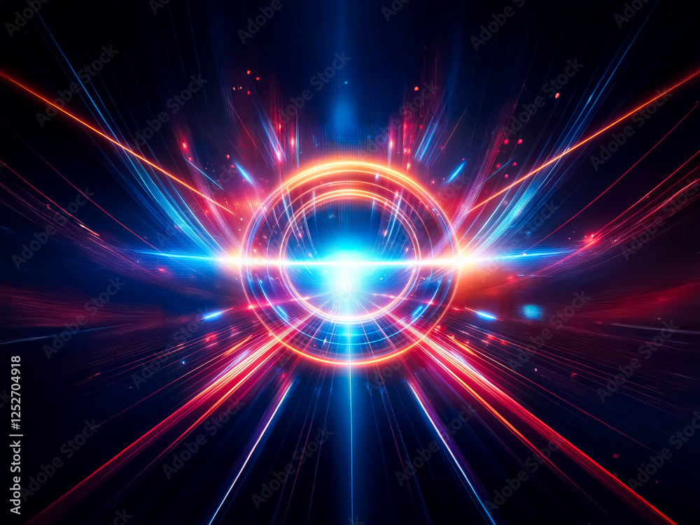Poster intense, glowing orange and blue rings radiate light and energy, creating a dynamic, futuristic scen