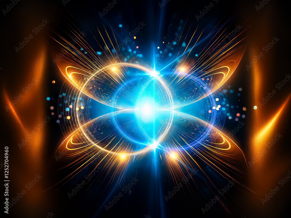 Poster abstract glowing orb with rings emits radiating light beams in blue, white, and orange against a dar