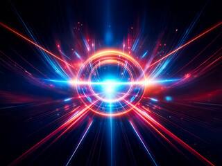 Intense, glowing orange and blue rings radiate light and energy, creating a dynamic, futuristic scene with sharp lines and bright bursts.