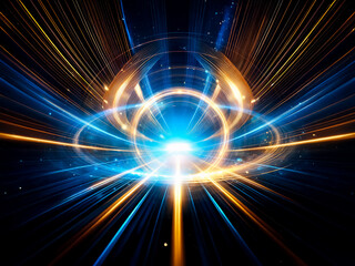 Obraz premium A luminous ring, golden and blue, swirls with energy against a black backdrop. Sparkling particles accentuate the vibrant, cosmic effect.
