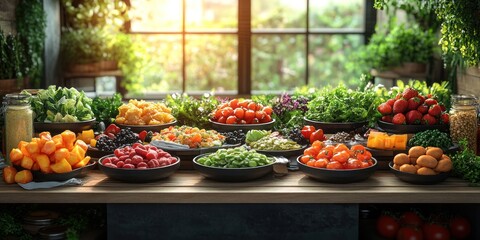 Vibrant Summer Fruit and Vegetable Bounty in a Sunny Kitchen