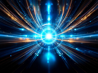 Naklejka premium A futuristic, glowing circular portal with blue energy streaks radiating outwards against a dark background. The image evokes speed, technology, and otherworldly travel.