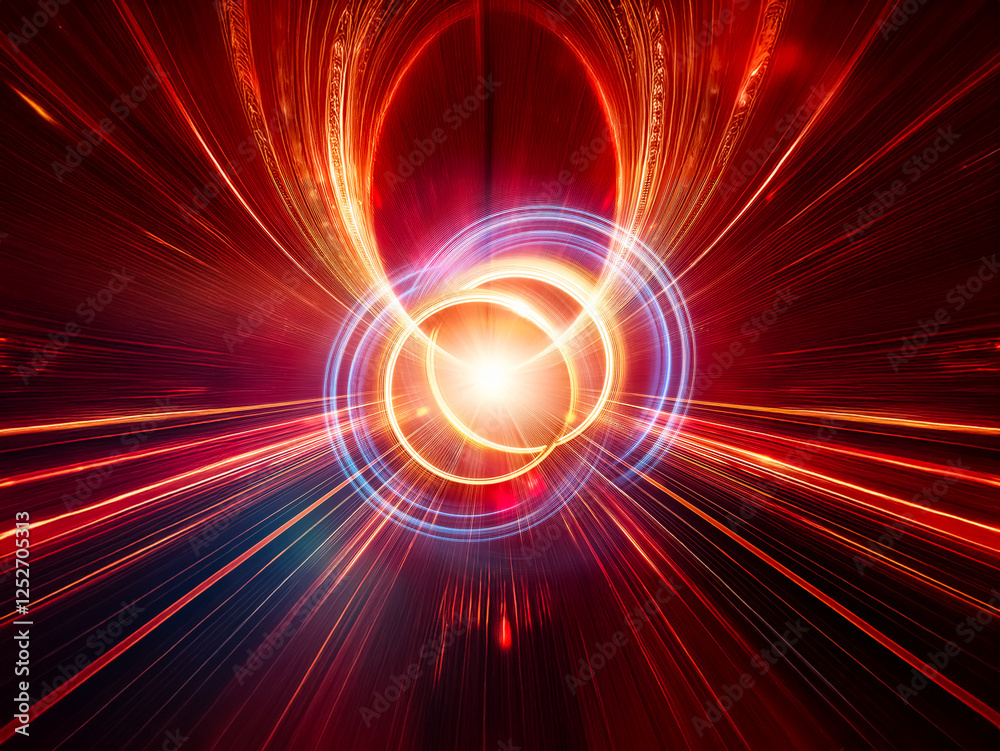 Aufkleber Abstract digital artwork features a vibrant central orb emitting radiant light, surrounded by concentric rings and dynamic lines that converge towards the bright core, creating a sense of energy and m