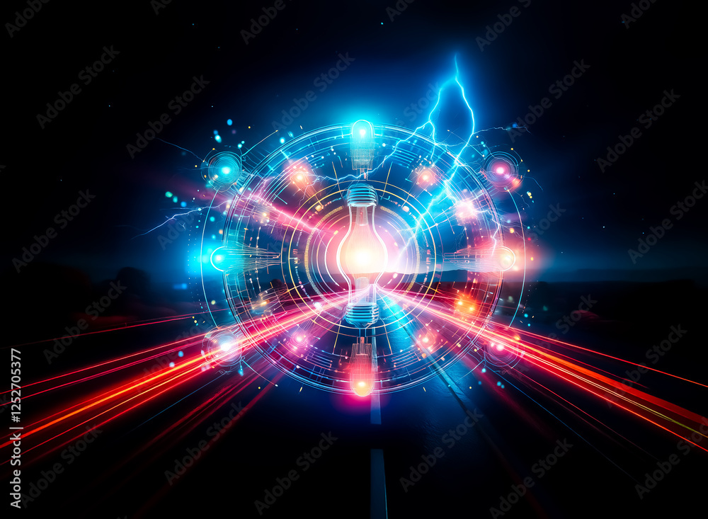 Poster abstract glowing circular design with blue and orange lights on a dark backdrop. bright core emits e