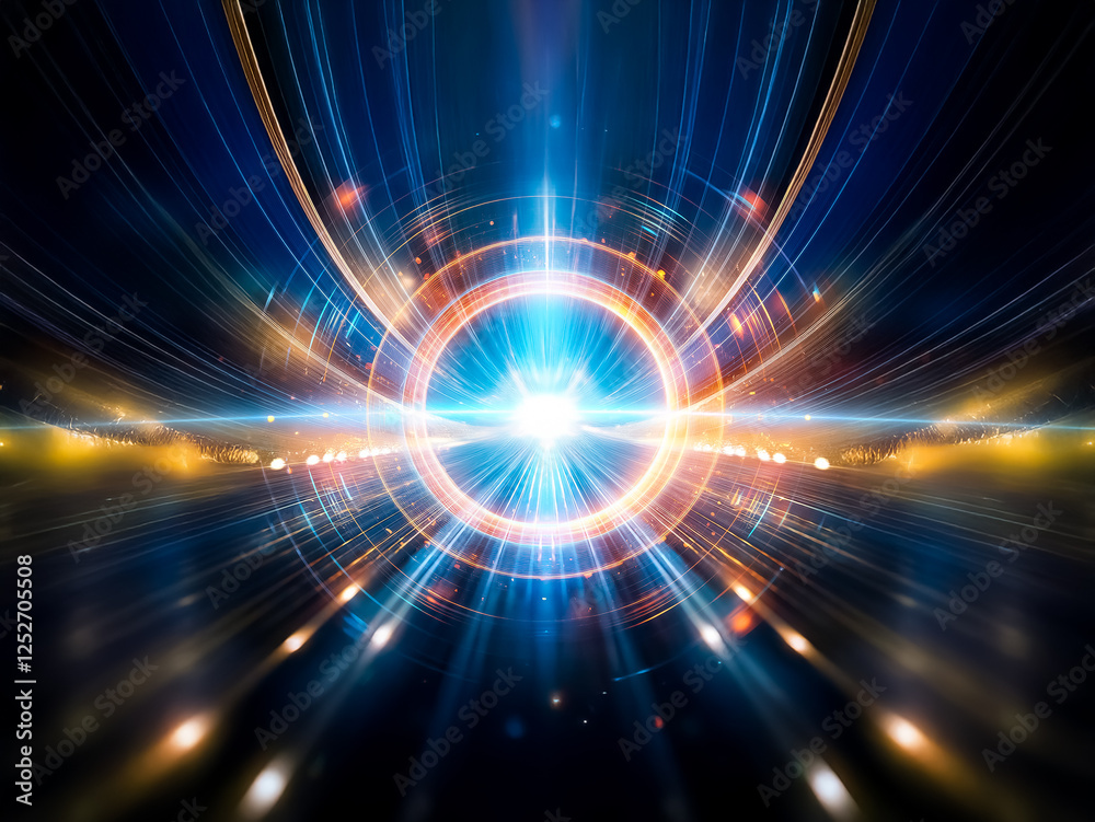 Poster glowing orange and blue rings radiate energy, creating a futuristic, cosmic effect. a bright central