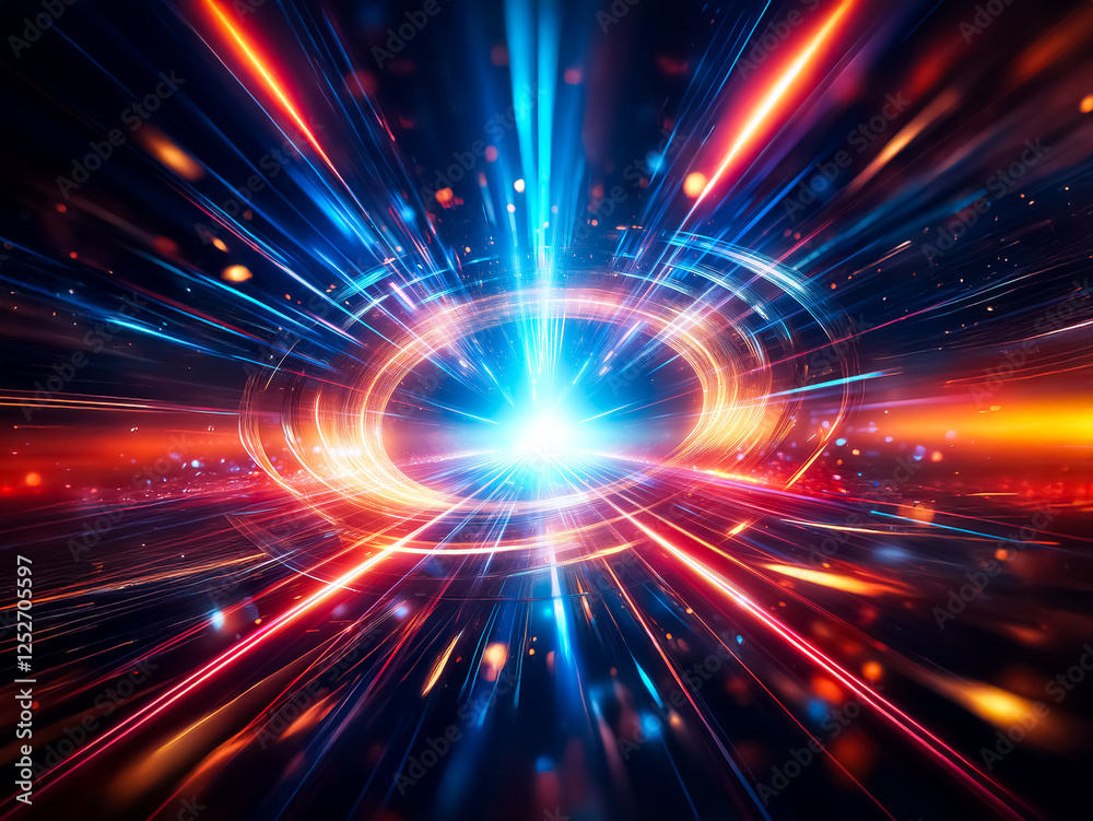 Poster a vibrant, swirling vortex of light and energy explodes from a central point, radiating outwards wit
