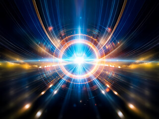 Fototapeta premium Glowing orange and blue rings radiate energy, creating a futuristic, cosmic effect. A bright central light pulses with power, surrounded by concentric circles and subtle bokeh.