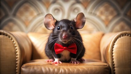 A dapper dark rodent, adorned in a vibrant red bow tie, sits majestically on a luxurious leather armchair.